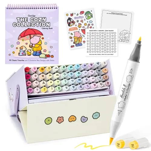 Ohuhu × Coco Wyo Alcohol Markers Set: Brush & Fine Tips, 48 Dual Tip Alcohol Markers with Alcohol Ink, Coloring Book with Exclusive Pages, for Adults, Cozy Mood, Great Gift Idea - Honolulu B Series Co-branded Art Supplies Set of Ohuhu
