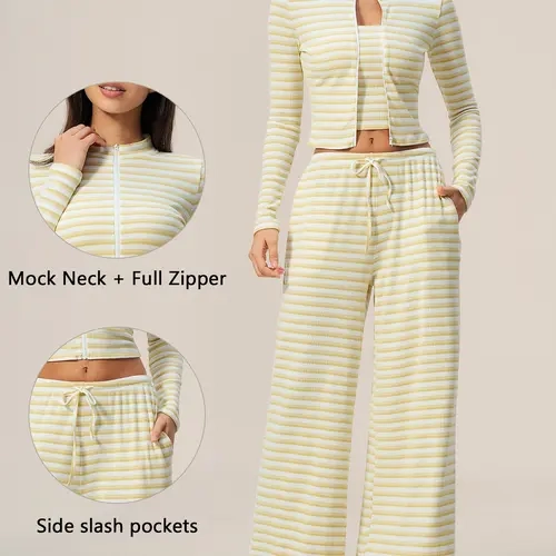 TIMEOFF Women's 2-Piece Striped Long Sleeve Sports Set - Mock Neck Full Zip Cropped Top, Drawstring Wide Leg Pants, Ribbed Comfortable Fabric, Side Slash Pockets, Loose Adjustable Fit, All Seasons Casual/Lounge Wear (matching sets)