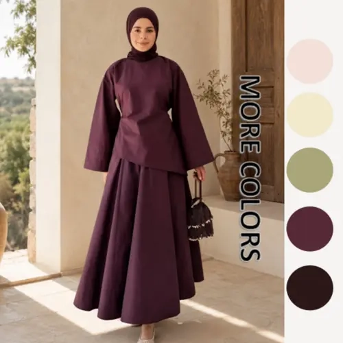 Lm139 Muslim Two-Piece Set, Islamic Clothing Set, Loose-Fit Asymmetrical Hem Long Sleeve Top & Skirt, Casual Outfit for All Seasons
