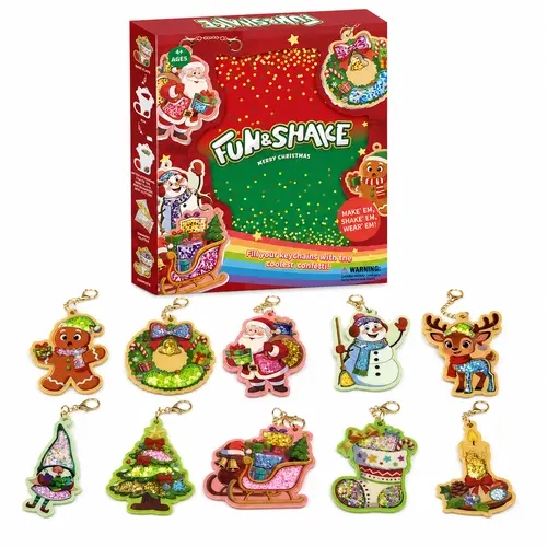 FUN&SHAKE Christmas DIY Shaker Keychain Craft Kit for Kids, 10 Glitter Keychains with Unisex Icons, Simple Santa-Reindeer Shaker Charms, Stocking Stuffer Gift, Ages 4+