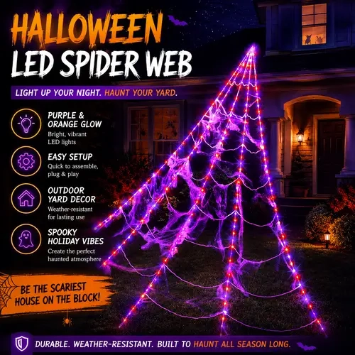 Glowing Spider Web LED Lights - Purple, Orange, Timer Function, Polyester, Halloween Spooky Aesthetic Outdoor Decor for Lawn Porch Garden, Indoor Halloween Decorations