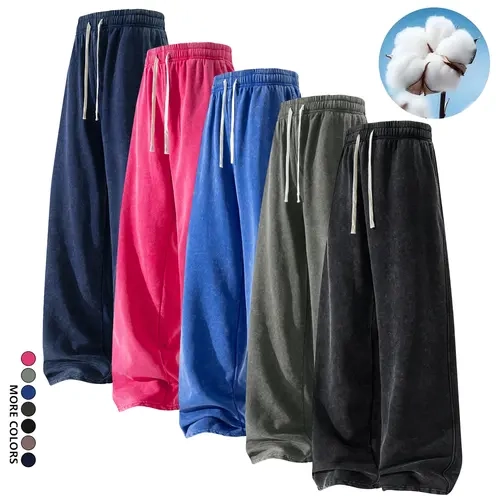 Men’s washed cotton wide-leg pants available in 1-, 2-, or 3-pack options, featuring an elastic drawstring waistband, a loose, drapey straight cut, practical side cargo pockets, American street-style flair, versatile for everyday wear, commuting, workouts