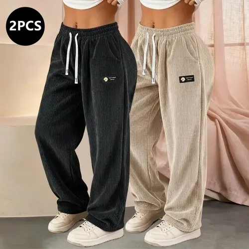 Women's 2 Pack Solid Plain Straight Leg Corduroy Bottoms, Lady's All Season Casual Pants with Fashionable Drawstring Waist, Ideal for Everyday Dates & Women's Fashion Gifting, Bottom