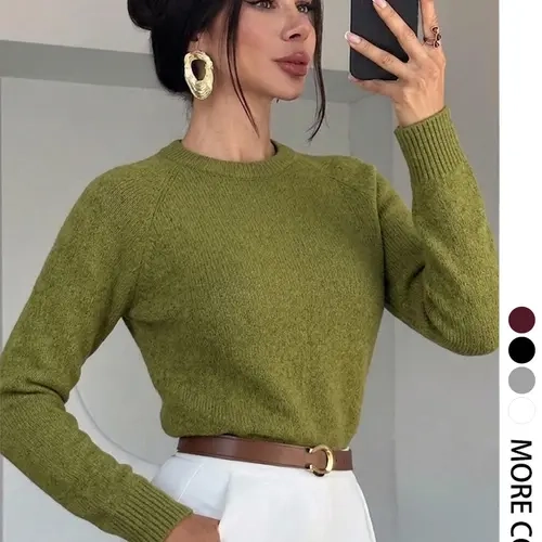 Women's Round Neck Long Sleeve Knit Sweater, Soft Loose Fit Drop Shoulder Pullover, Casual Fall Winter Basic Top, Coffee Shop Date, Cozy Fall Pullover