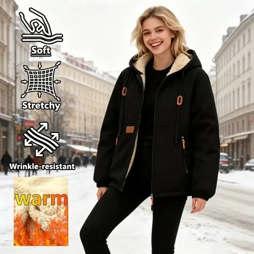 Women's Fleece Lined Thick Hooded Coat, Pull On Lightweight Warm Outerwear with Stylish Patch Detailing, Suitable for Casual Outfits, Commuting, Gifting (Athletic Wear Compatible for Autumn Winter)