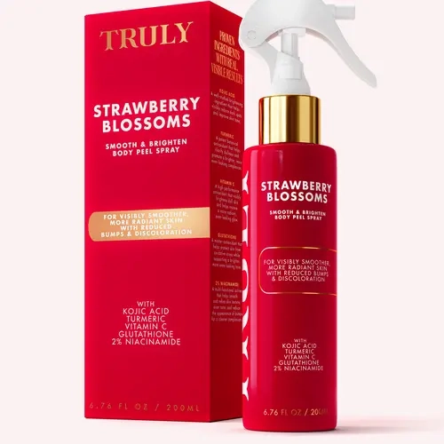 Strawberry Blossom Smooth & Brighten Body Peel Spray – Exfoliating Spray to Remove Dead Skin & Improve KP, Dark Spots, Rough Skin –  Kojic Acid, Niacinamide, Turmeric  – Fast Acting Formula for Visible Results