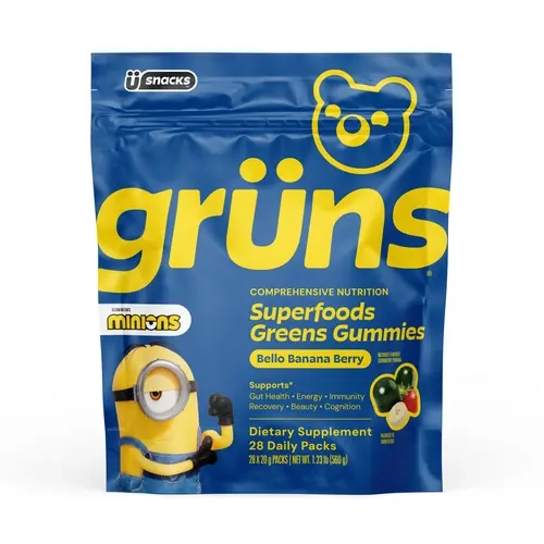 Grüns x Minions Bello Banana Berry (Limited Edition) Superfood Greens Gummies: Comprehensive nutrition with 60+ ingredients: 21 Vitamins and Minerals, 6g Prebiotic Fiber, Adaptogens, Gluten Free, Vegan, Third Party Tested
