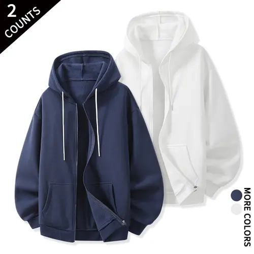 Men's 2-Pack Plain Hooded Zipper Sweatshirt, Menswear Tops, Loose Fit Basic Solid Zip-Up Hoodie for Home Hangout, Outdoor Activities, All Seasons