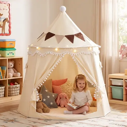 LITTLE DOVE Kids Play Tent Castle, Teepee Tent, Portable Foldable Indoor Playhouse, Toddler Tent for Boys & Girls Ages 3+, Cozy Reading Nook & Pretend Play Space, Optional Padded Mat, Star Lights & Flags, for Playroom, Bedroom & Outdoor Use, #backtoschool