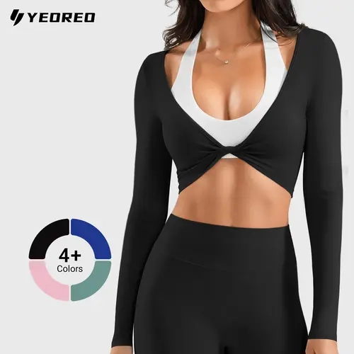 YEOREO Long Sleeve Twist-Front Workout Top V-Neck Knot Crop - Lightweight Nylon-Spandex, Reversible Slim Fit, Yoga Pilates Gym & Casual Wear for Women, Hand Wash