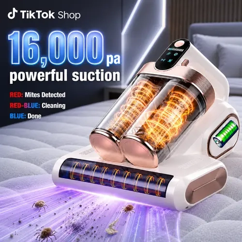 Cordless Mattress Wireless Vacuum Cleaner - Compact Yet Powerful Lightweight Rechargeable Model with 16Kpa Deep Clean, 80000 RPM Tapping, UV-C Light, Ultrasonic, Dual HEPA Dust Cups for Sofa, Crib, Pet Hair, Powerful Suction Vacuum