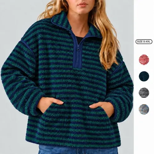 【Christmas Sale】Imily Bela Women's Striped Fleece Pullover  Zip Stand Collar Sweatshirt Loose Fuzzy Long Sleeve Cozy Top