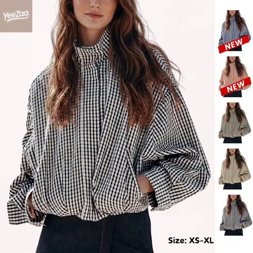 YeeZaa Women's Gingham Plaid Jacket Cropped Zip Up Stand Collar Oversized Jackets with Batwing Sleeves Loose Casual Lightweight Coats 2026 Fall Outfit with Pockets Back to School First Day Outfit