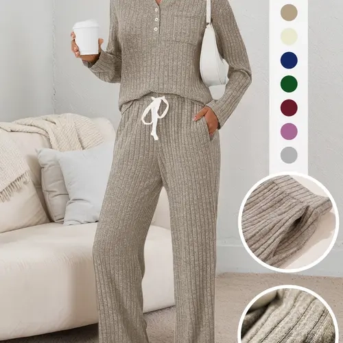 Women's Two-Piece Casual Set, Fall Winter, Henley Neck Knit Top, Matching Sports Set, Comfortable Pajamas with Pocket Design, Relaxed Lounge Set