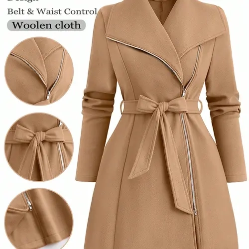 Plus Size Women's Elegant Belted Coat, Chic Casual Fall & Winter Long 
