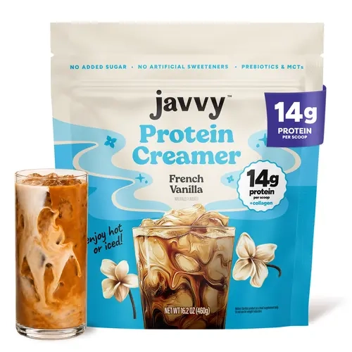 Javvy French Vanilla Collagen Protein Dairy Creamer Grass Fed Pasture Raised Collagen  Hair, Skin & Nail Support, Energy-Boosting MCTs, Keto Friendly, Gluten Free, No Added Sugar, 14g of Protein Beverage