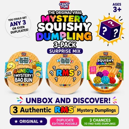 Authentic RMS Mystery Squishy Dumpling Surprise Mix 3-Pack – Original CRAZY FUN RMS Mystery Squishy Dumpling Fidget Toys in Sealed Steamer Baskets, Random RMS CRAZY FUN Editions, Duplicates Possible, Rare Dumplings possible, Ages 3+