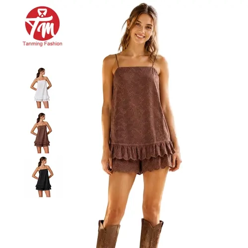 Tanming Boho Floral Eyelet Cami Romper Casual Embroidery Spaghetti Strap Tiered Ruffle Bohemian Adjustable Tie-Back Mini Romper Dress with  Shorts