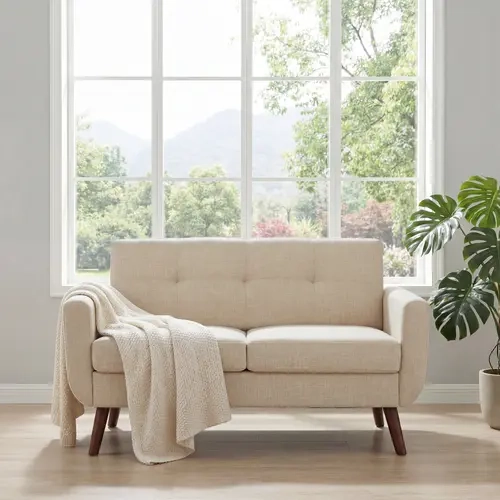 Tbfit 56.7" Width Low Profile 2-Seat Mid-Century Modern Loveseat Sofa - Button Tufted Linen Fabric, Fixed Arms, Solid Wood Legs, Easy Setup, Neutral Style, Sofas for Living Room, Mid Century Modern Furniture, Neutral Style Furniture, Mid Century Modern Li