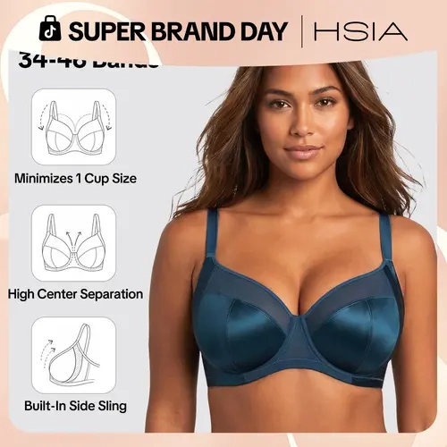 HSIA Lunaire Shimmer Seamless Unlined Plus Size Bra Up to L Cup Full Coverage Non Padded Underwire Side Support T-Shape Minimizer Bra Adjustable Wide Straps Breathable Shimmer Fabric for Big Bust Women