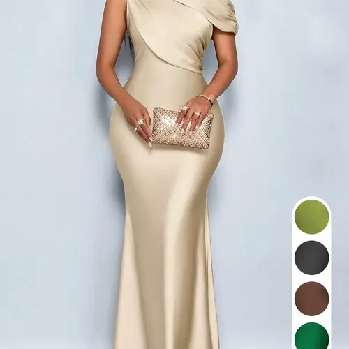 Women's Satin One-Shoulder Mermaid-Style Maxi Dress, Asymmetrical Draped Fitted Gown, Elegant and Luxurious, Ideal for Cocktail Parties, Wedding Guest, Bridal Showers and Formal Evening Events, Elegant Sleeveless Dress