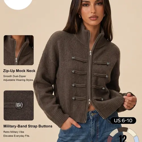 Katch Me Chic Women's Vintage Military Officer Style Double Zipper Cropped Knit Cardigan, Slouchy Mock Neck Metal Button Decor Sweater Jacket, Cozy Warm Pill-Resistant Long Sleeve Outerwear for Fall & Winter #TikTokMadeMeBuyIt #SohoChic