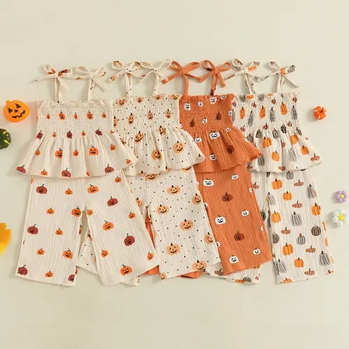 Toddler Baby Little Girls Halloween Outfit Pumpkin Smocked Tie-up Spag