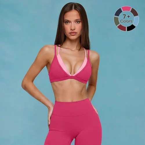 Women's V-Neck Push Up Sports Bra - MFVIM Strawberry Pink Polyamide Fabric Faux 2-Piece Double-Layer Color-Blocked Thin Straps, Gym Workout Apparel for Yoga, Pilates