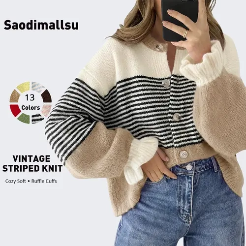 Saodimallsu Women's Fall Trendy Striped Knit Cardigan Sweater - Long Sleeve Ruffle, Button-Up, Loose Fit Color Block Polyblend Knitwear, Machine Wash Casual Wear Women's Tops Long Sleeve Tops