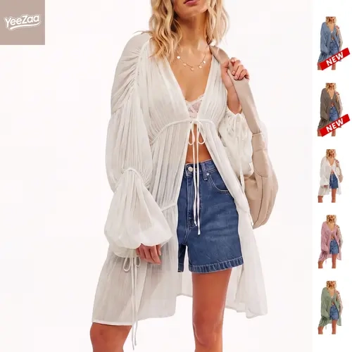 YeeZaa Flowy Boho Cardigan For Women OneSize Long Lightweight  Tie-Front Duster Cover Up Dreamy Ethereal Bohemian Beach Vacation Summer Shrug Outerwear