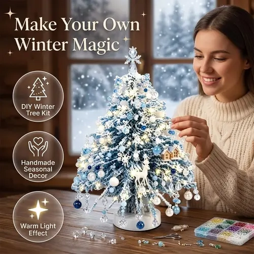 Handcrafted Beaded Tree DIY Kit, Crystal Bead Christmas Craft Set with Metal Frame, Angel Topper, LED Light String, Ornament Charms, Tabletop Size Holiday Decoration (Assembly Required),sohochic