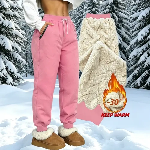 Women's Fleece-Lined Winter Casual Jogger Bottoms - Warm Athletic Long Pants with Zip Pockets