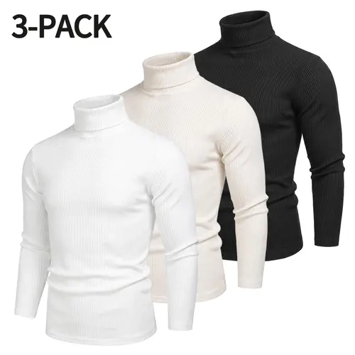 Men's ribbed knit base layer top with vertical rib detailing, high mock neck, stretchy slim fit, long sleeves, for autumn/winter