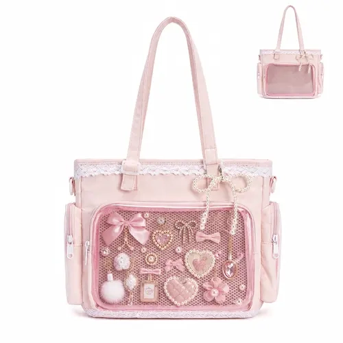 HONITTY Women's Ita Crossbody Bag with DIY Accessory Kit - Clear Window, Y2K Kawaii Lace Design, Display Insert for Pins & Button Badges