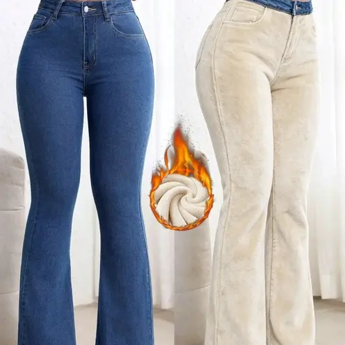 Women's Winter Slim Fit Stretch Fleece Lined High Waist Bell Bottom Pants, Fashionable Comfortable Design, Ideal for Casual Wear and Daily Outings