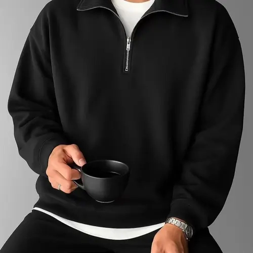 Men's autumn and winter velvet half zipper 50% cotton 50% polyester fiber composite hoodie，Casual Basic Knitwear, Old Money Zipper Half Button Design, Casual Versatile Sweater Pullover, Essential for Man's Wardrobe