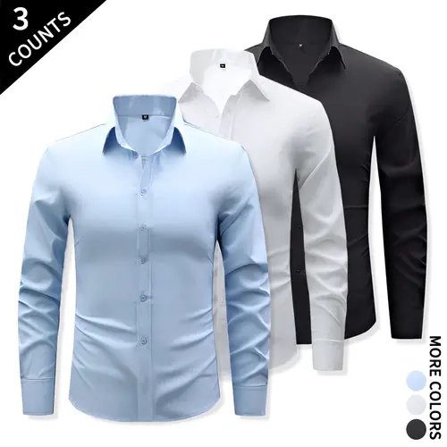 Men's 3-Pack Standard Slim Fit Long-Sleeve Button-Down Dress Shirts, Wrinkle-Free, Stretch Fabric, for Business Office & Daily Commute
