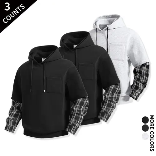 Men’s 3-Pack Faux 2-Piece Plaid Patchwork Hoodies, Casual Long Sleeve Drawstring Pullover Hooded Sweatshirts with Pocket, Streetwear Daily Tops