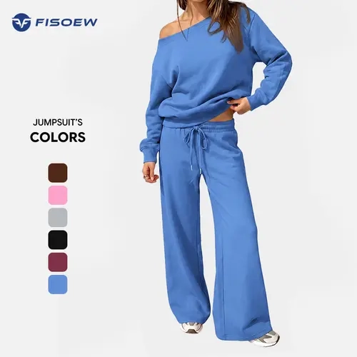 Fisoew Women's 2-Piece Off-Shoulder Sweatshirt & Wide-Leg Pants Matching Set - Casual Long-Sleeve Slouchy Top, Drawstring Loose-Fit Loungewear Tracksuit (2 piece sets women)