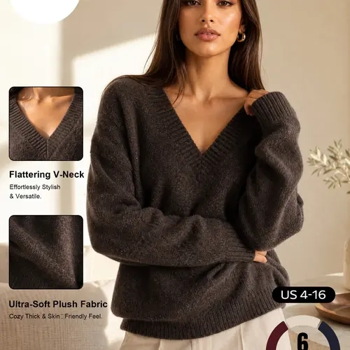 Katch Me Chic Women's V Neck Loose Knit Sweater, Soft Fuzzy Skin-Friendly Long Sleeve Pullover, Cozy Pill-Resistant Light Warmth Daily Outfit Fall & Winter #TikTokMadeMeBuyIt #SohoChic #ComfyOutfit