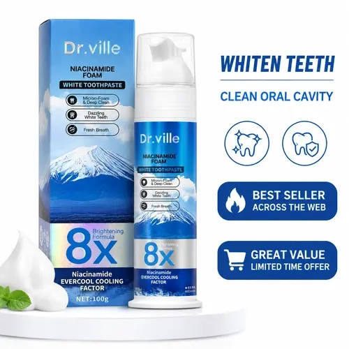 Dr.ville Professional Grade Niacinamide Foaming Brightening Dental Care Toothpaste 8X - Peppermint Fresh Breath, Stain Removal, Gentle Effective Toothpaste, Daily Oral Cleansing, 100ml-I