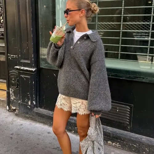 Women's Fall Winter Vintage Style Knit Sweater, Loose-Fitting Half-Zip Pullover, Solid Color Casual Top, Plain Surface Design, Knitwear