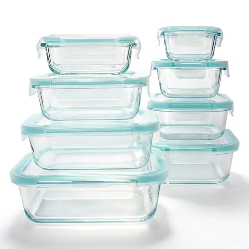 GHQ Sealed Glass Food Storage Containers (8 Containers + 8 Lids) - Leak-Proof Tableware Kitchen Supplies, Microwave-Safe Oven-Safe Lunch Boxes for Salads, Fruits, Meal Prep, Meal Prep Containers