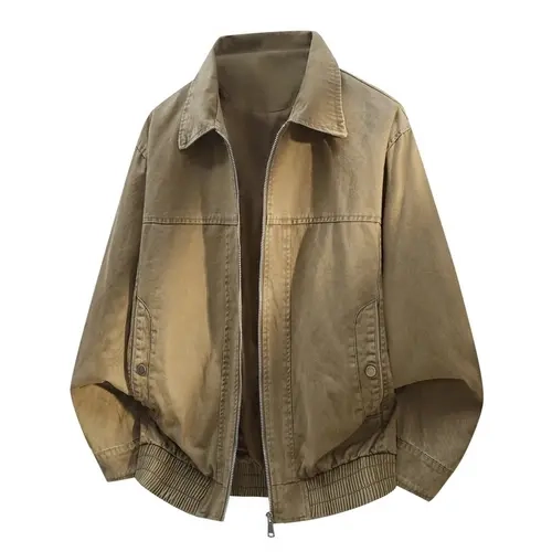 Men's 100% Washed Cotton Jacket - Plain, Collared Lapel, Long Sleeves, Zip Front Closure, Side Pockets, Elastic Ribbed Hem, Loose-Fit Relaxed Cut, Foldable Vintage Casual Coats for Daily Wear, Work | Male Clothing Tops Jackets Longsleeves,sohochic