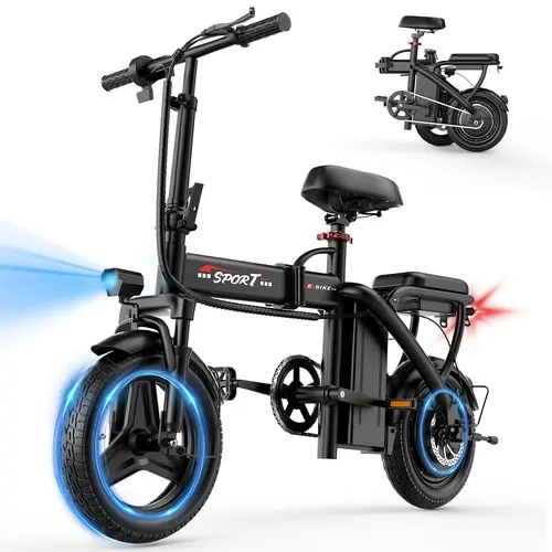 Pikabike Z6 Foldable Electric Bike - 1200W Peak Power, 25MPH Max Speed, 14" Pneumatic Tires, 22-40 Mi Range, Rear Disc Brake, Dual Seats, Portable Ebike