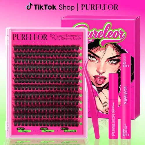 PURELEOR Flawless D-Curl Cluster Lash Set - Lightweight Fluffy Eyelashes Cluster (10-12-14-16mm Mixed) DIY Extensions Kit with Lash Glue and Bond, Tweezers, Remover for At-Home Quick Make Up,familyfun