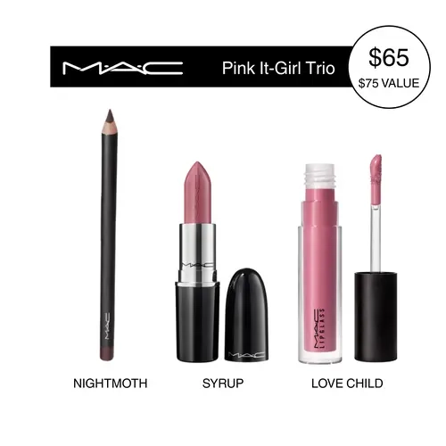 MAC Pink It-Girl Trio | Lipstick, Lip Pencil & Lipglass Set | Cool-Tone Pink Shades, Glossy High-Shine Finish, 3 pc