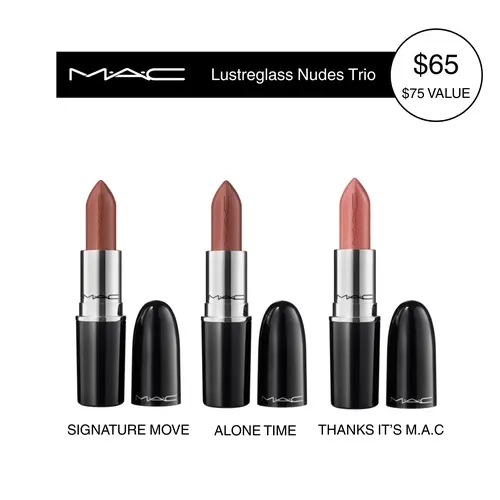 MAC Lustreglass Nudes Trio | Sheer-Shine Lipstick Set | 3 Nude Shades, Buildable Colour, 3 pc