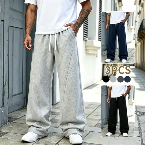 3 pcs men’s wide leg athletic sweatpants made from cotton fabric, drawstring waist, internet famous bestseller, loose fit, multi piece set showcasing trendy styling, suitable for fitness, home leisure, and streetwear.