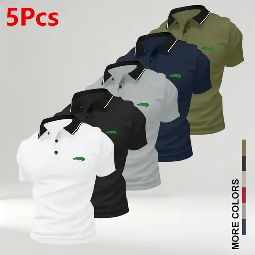 Men's New Polo Shirts (Pack of 5) - Summer Short-Sleeve, Turn-Down Collar, Crocodile Print, Anti-Wrinkle, Chic Look, Breathable Comfortable Fabric - Men's Clothing for Business Travel, Dates